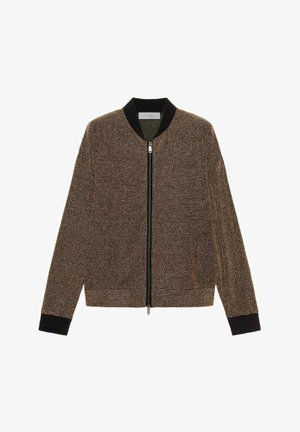 Braune Bomberjacke mit strukturierter Oberfläche, durchgehendem Reißverschluss vorne, schwarzem Kragen und Bündchen, mit einem dezenten metallischen Schimmer. Glatter Stoff mit modernem Schnitt.