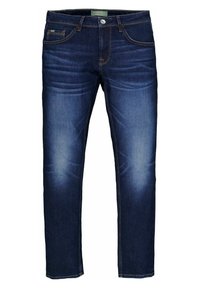Mörkblå denimjeans med blekta detaljer, framfickor, bältesöglor, knäppning och en slim straight passform.