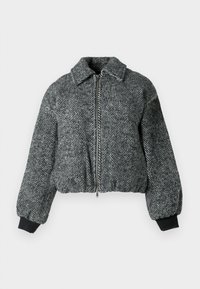 Veste en pied-de-poule grise et noire, coupée, avec fermeture éclair à l'avant, col et poignets côtelés pour une finition texturée.