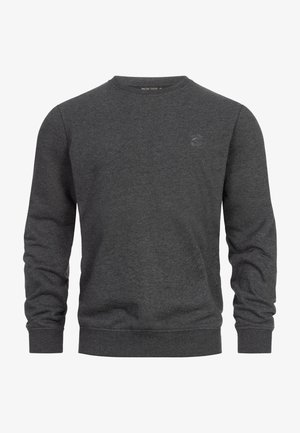 Dunkelgrauer Sweatshirt, runder Halsausschnitt, lange Ärmel, gerippte Bündchen und Saum, mit einem kleinen Logo auf der Brust. Hergestellt aus einem weichen, strukturierten Stoff.