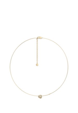 Dünne goldene Halskette mit kleinem knotenförmigem Anhänger, besetzt mit klaren Steinen, mit verstellbarem Verschluss und Verlängerungskette.