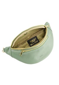 Groene leren heuptas met een gestructureerde afwerking, gouden rits en een interieurvoering met een subtiele merkpatroon. Merklabel zichtbaar aan de binnenkant.
