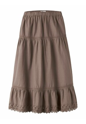 Jupe midi marron avec taille élastique, design à étages, détails en dentelle et ourlet festonné avec broderie œillets.