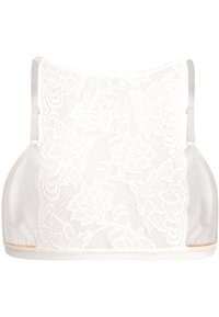 Bralette blanche avec un dos en dentelle à motifs floraux, un devant et des côtés en satin, des bretelles réglables et un design minimaliste avec des accents légers.