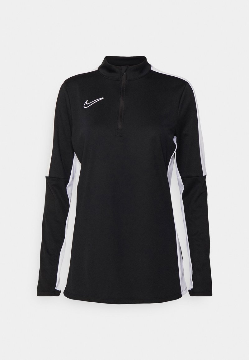Schwarz langärmliges Nike-Oberteil mit einem Reißverschluss-Kragen, kontrastierenden weißen Seitenpaneelen und Logo auf der Brust, gefertigt aus glattem, dehnbarem Material.