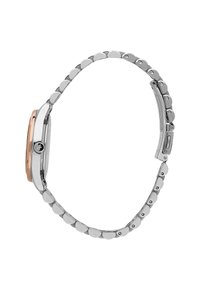 Orologio da polso argento e oro rosa con un elegante quadrante rettangolare, bracciale in metallo con maglie rotonde, chiusura a gioiello e design minimalista.