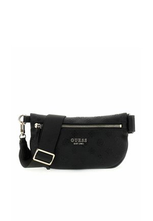 Sac bandoulière noir de la marque Guess avec poche avant zippée et sangle réglable avec boucle et fermoir métalliques.