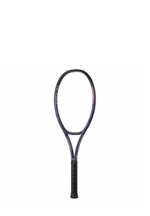 Racchetta da tennis con telaio nero e viola, testa ovale, manico nero testurizzato e design sottile e leggero.
