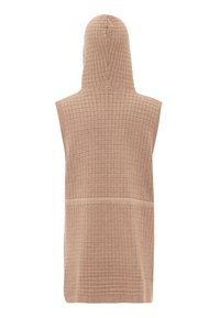 Indumento in maglia senza maniche con cappuccio in un morbido beige, caratterizzato da un motivo a griglia testurizzato. Presenta un cappuccio completo e un orlo inferiore aperto.