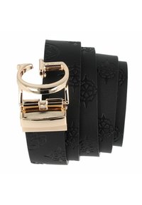 Cintura in pelle nera con motivo in rilievo, dotata di una fibbia color oro con chiusura a gancio e dettagli in metallo rettangolare.