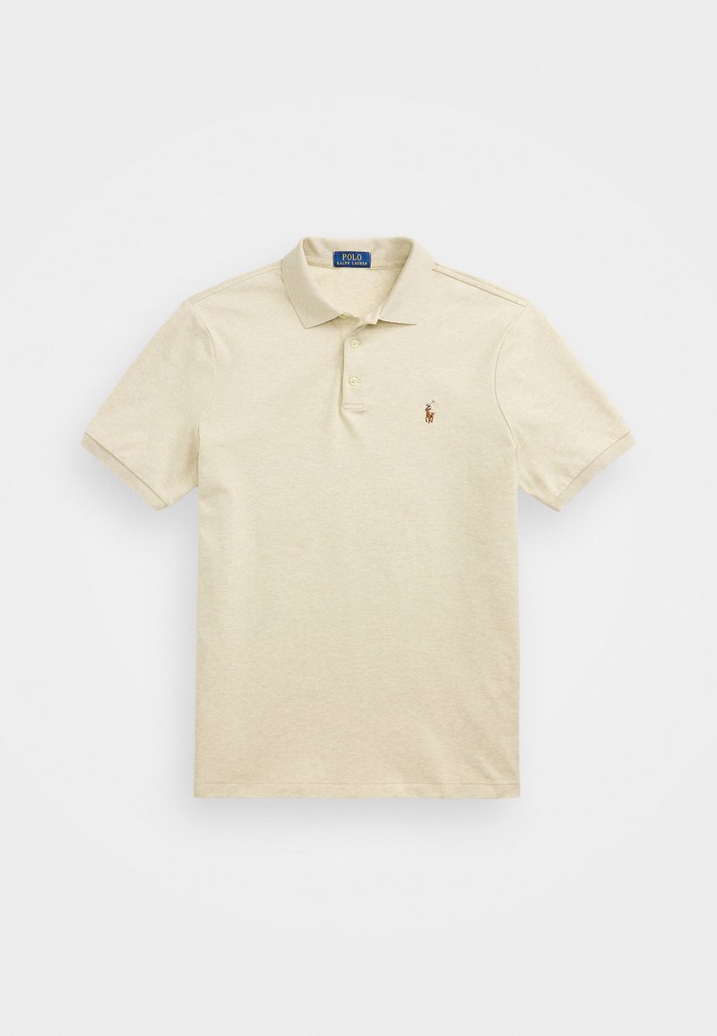 Beige bomull polo skjorte med korte ermer, tre-knapp placket, og brodert logo på venstre bryst. Glatt tekstur med en avslappet passform.