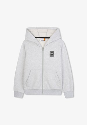 Sweatshirt à capuche gris à zip en matériau polaire, avec une poche avant, des poignets côtelés et un patch logo Timberland sur la poitrine.