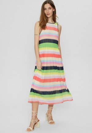 Mehrfarbig gestreifter Maxikleid mit ärmellosem Design, in den Farben Rosa, Grün und Marineblau, aus leichtem Stoff.