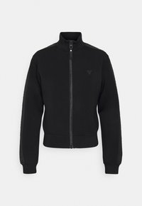 Schwarze Jacke mit durchgehendem Reißverschluss, hohem Kragen, langen Ärmeln, gerippten Bündchen, einem dezenten Logo auf der Brust und Streifen entlang der Ärmel.