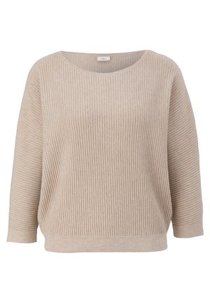 Pull en maille côtelée beige avec un col rond et des manches longues, doté d'une coupe décontractée et d'un ourlet droit.