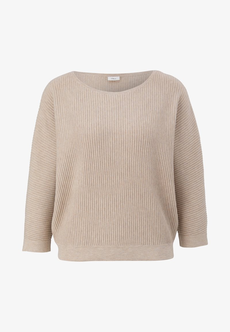 Pull en maille côtelée beige avec un col rond et des manches longues, doté d'une coupe décontractée et d'un ourlet droit.