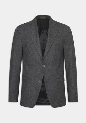 Szary wełniany żakiet z teksturowanym wykończeniem. Posiada dwa guziki, klapy o zaokrąglonym kształcie oraz boczne kieszenie. Podszewka w ciemnym kolorze.