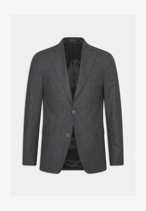Grauer Wollblazer mit strukturiertem Finish. Verfügt über zwei Knöpfe, eine Reverskragen und seitliche Taschen. Innenfutter in dunkler Farbe.