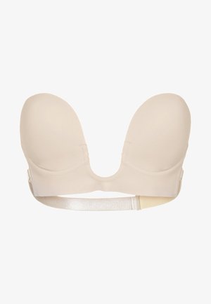 Soutien-gorge push-up beige avec des coques rembourrées lisses, un design en U et une bande élastique douce pour le soutien. Apparence minimaliste et sans couture.