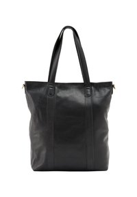 Borsa a tracolla nera in pelle con duplice manico, caratterizzata da una superficie testurizzata, cuciture verticali e una chiusura con zip per uno stoccaggio sicuro.