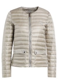Beige puffer jacket with horizontal quilting, silver zipper, two front pockets with snap buttons, and round neckline. Brand logo on chest.
