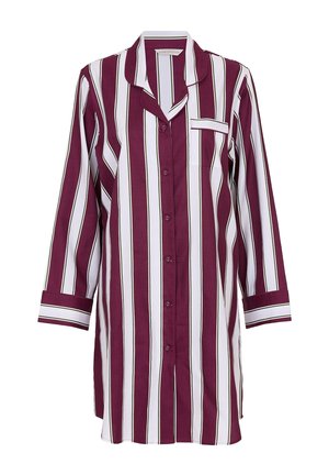Bordeaux- en witte gestreepte shirtjurk, met knoopsluiting aan de voorkant, een borstzak en driekwartmouwen; gladde stoftextuur.