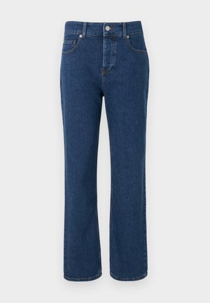 Jean denim bleu à jambes droites avec cinq poches, passants pour ceinture, fermeture par bouton et détails de couture visibles.