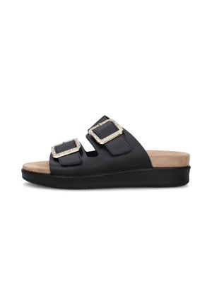 Sandalo nero slip-on con due ampie fasce con grandi fibbie bordate di strass e soletta imbottita beige su suola piatta.