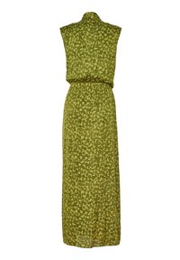 Abito maxi verde senza maniche con vita elastica, caratterizzato da un motivo testurizzato in diverse tonalità di verde.