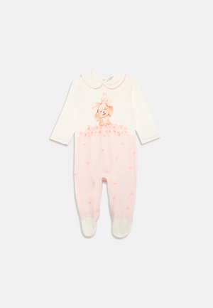 White and pink baby onesie with long sleeves. Features a collar, a dog graphic, and floral patterns on the bottom. Snap closure at the legs.