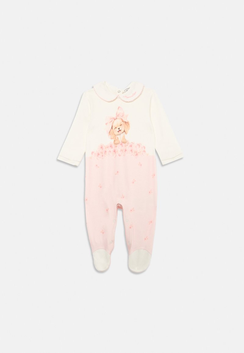 Hvit og rosa baby body med lange ermer. Har krage, et hundeillustrasjon og blomster mønster nederst. Trykknapplukking ved bena.