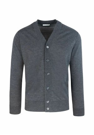 Cardigan grigio a maglia con scollatura a V, chiusura frontale con bottoni su tutta la lunghezza, polsini e orlo a costine. Morbido al tatto con accenti a contrasto sui bottoni.
