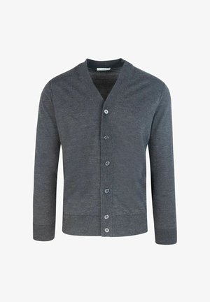 Cardigan grigio a maglia con scollatura a V, chiusura frontale con bottoni su tutta la lunghezza, polsini e orlo a costine. Morbido al tatto con accenti a contrasto sui bottoni.
