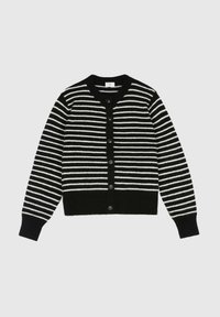Cardigan rayé noir et blanc avec un col rond, fermeture à boutons et manches longues. Fabriqué en tissu doux et texturé.