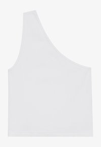 White ribbed tank top with asymmetrical design featuring a single wide shoulder strap and a straight hem. Smooth texture, no patterns.