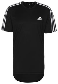 Sort Adidas kortærmet sports T-shirt med hvide tre striber på ærmerne og Adidas-logo på venstre bryst.