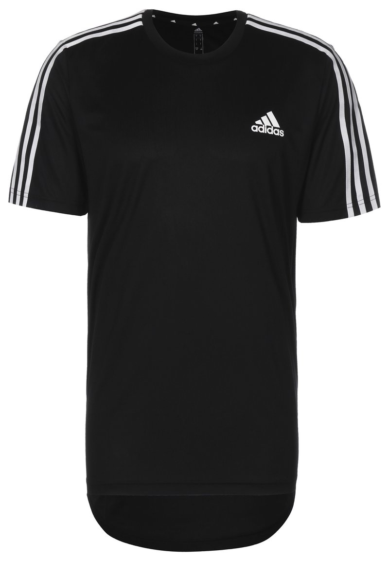 Sort Adidas kortærmet sports T-shirt med hvide tre striber på ærmerne og Adidas-logo på venstre bryst.