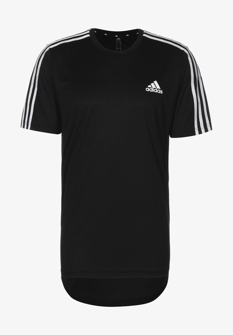 Sort Adidas kortærmet sports T-shirt med hvide tre striber på ærmerne og Adidas-logo på venstre bryst.