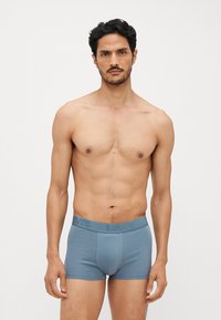 Moške bokserice v mehkem, svetlo modrem blagu z elastičnim pasom, na katerem je vtisnjen logotip "Levi's". Tesno prilegljiv dizajn brez vidnih vzorcev.