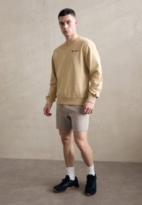 Beige Sweatshirt mit Logo, kombiniert mit hellgrauen Shorts. Das Modell trägt schwarze Sneakers und weiße Crew-Socken vor einem neutralen Hintergrund.