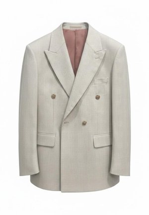 Blazer beige claro de doble botonadura con solapa con muesca, cuatro botones marrones, bolsillos con solapa y forro interior rosa.
