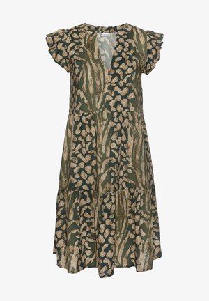 Grünes und beiges Kleid mit Animal-Print, kurzen Schmetterlingsärmeln, V-Ausschnitt und gestufter A-Linien-Silhouette.