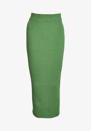 Spódnica do kolan, żebrowana, w zielonym kolorze, z dopasowanym paskiem w talii, prezentująca gładką strukturę i pionowe linie na całej powierzchni.
