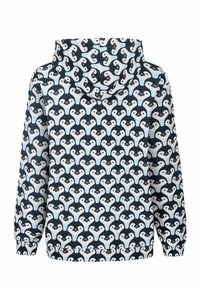 Hooded sweatshirt in soft fabric featuring a repetitive penguin pattern in black, white, and light blue on a navy background.