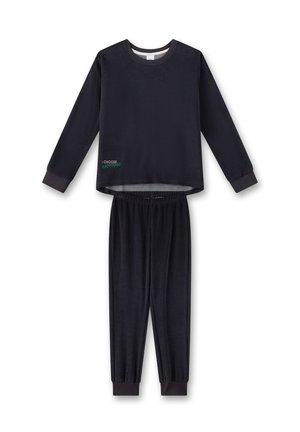 Schwarzes Fleece-Pyjama-Set mit langen Ärmeln und Gummibund. Merkmale kontrastierende dunkle Bündchen und gestickten Text "ICH WÄHLE GLÜCKLICHKEIT."