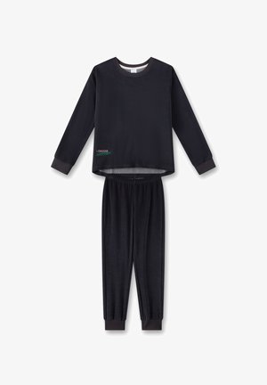 Black fleece pajama set with long sleeves and elastic waistband. Features contrasting dark cuffs and embroidered text, "I CHOOSE HAPPINESS."