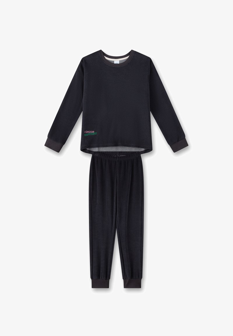 Black fleece pajama set with long sleeves and elastic waistband. Features contrasting dark cuffs and embroidered text, "I CHOOSE HAPPINESS."
