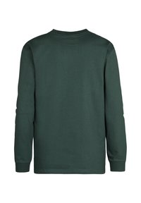 T-shirt a maniche lunghe in cotone verde scuro, con collo rotondo, orlo dritto e polsini a coste. Texture liscia senza loghi visibili.