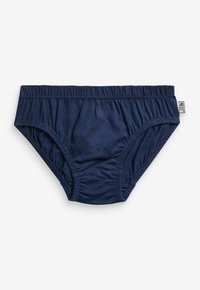 Culottes en coton bleu marine avec une taille élastique, côtés froncés et texture lisse. Présente une petite étiquette de marque à l'arrière.