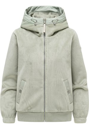 Lysegrå ribstrikket fleecejakke med lynlås foran, snørehætte og lynlåslommer med trykknapper i siderne.